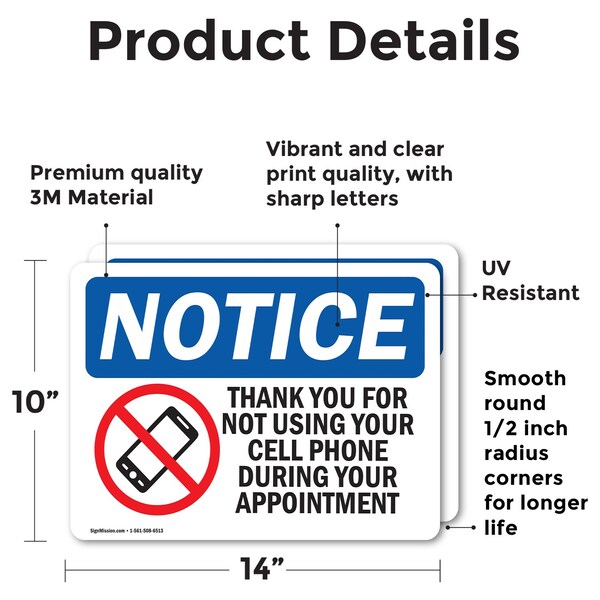 No Cell Phone During Your Appointment, 14 In W X Rectangle, Vinyl Decal